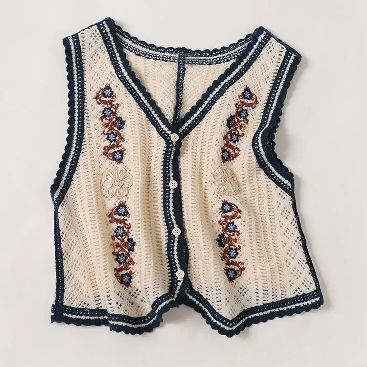 Wholesale ivory navy botanical crochet-look vest for OEM and private label production 6