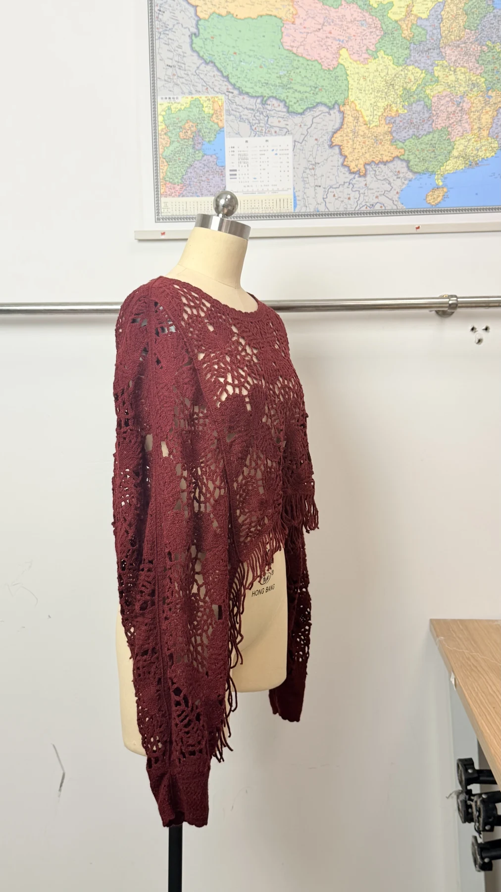 Wholesale Burgundy Asymmetric Crochet-Look Poncho Top alternate view