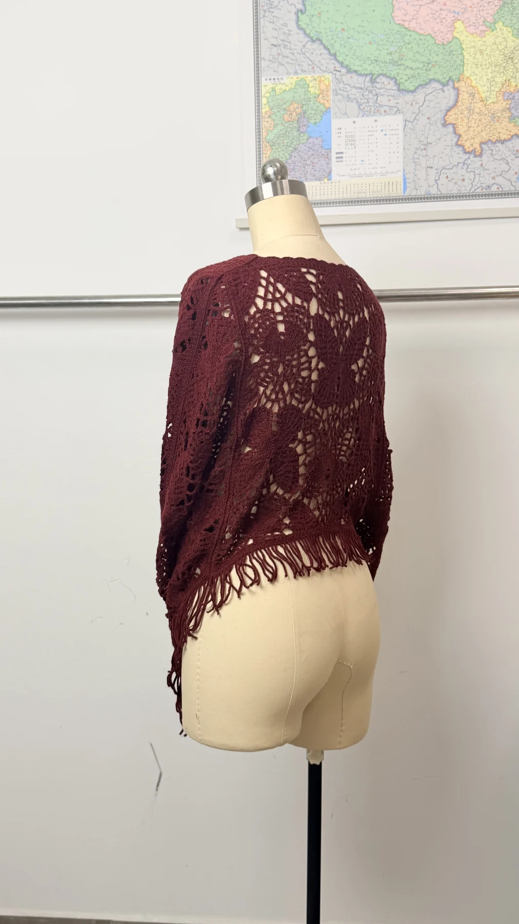 Wholesale Burgundy Asymmetric Crochet-Look Poncho Top for OEM and private label production 4