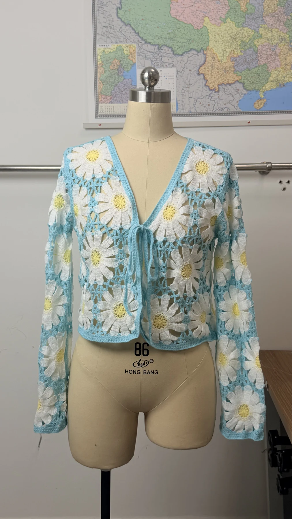 Wholesale Sky Blue Daisy Crochet-Look Cardigan for OEM and private label production