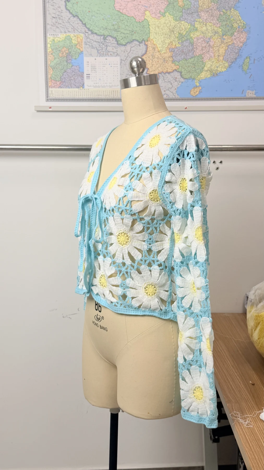 Wholesale Sky Blue Daisy Crochet-Look Cardigan for OEM and private label production 3