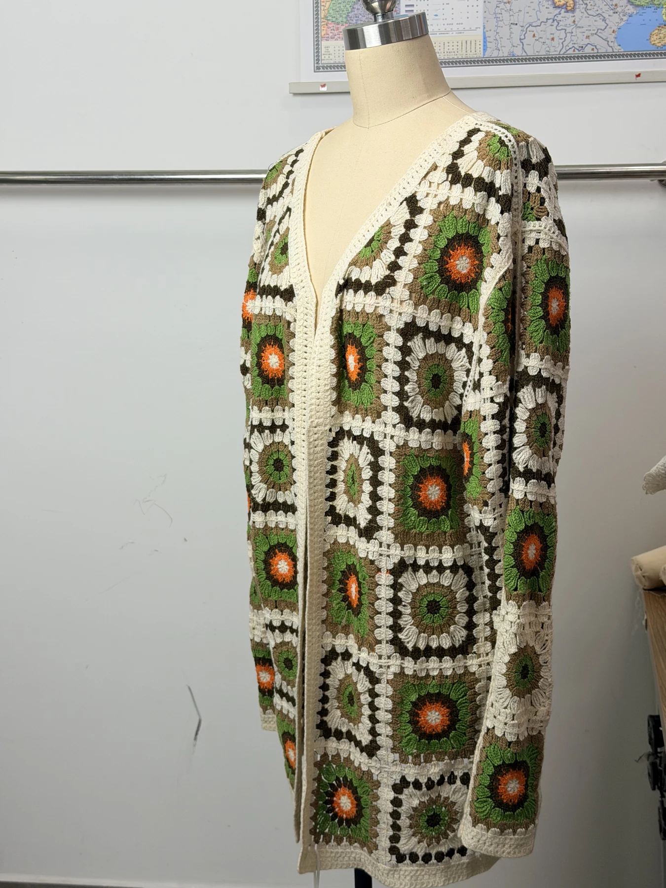 Wholesale Olive Orange Granny Square Crochet-Look Long Cardigan for OEM and private label production 4
