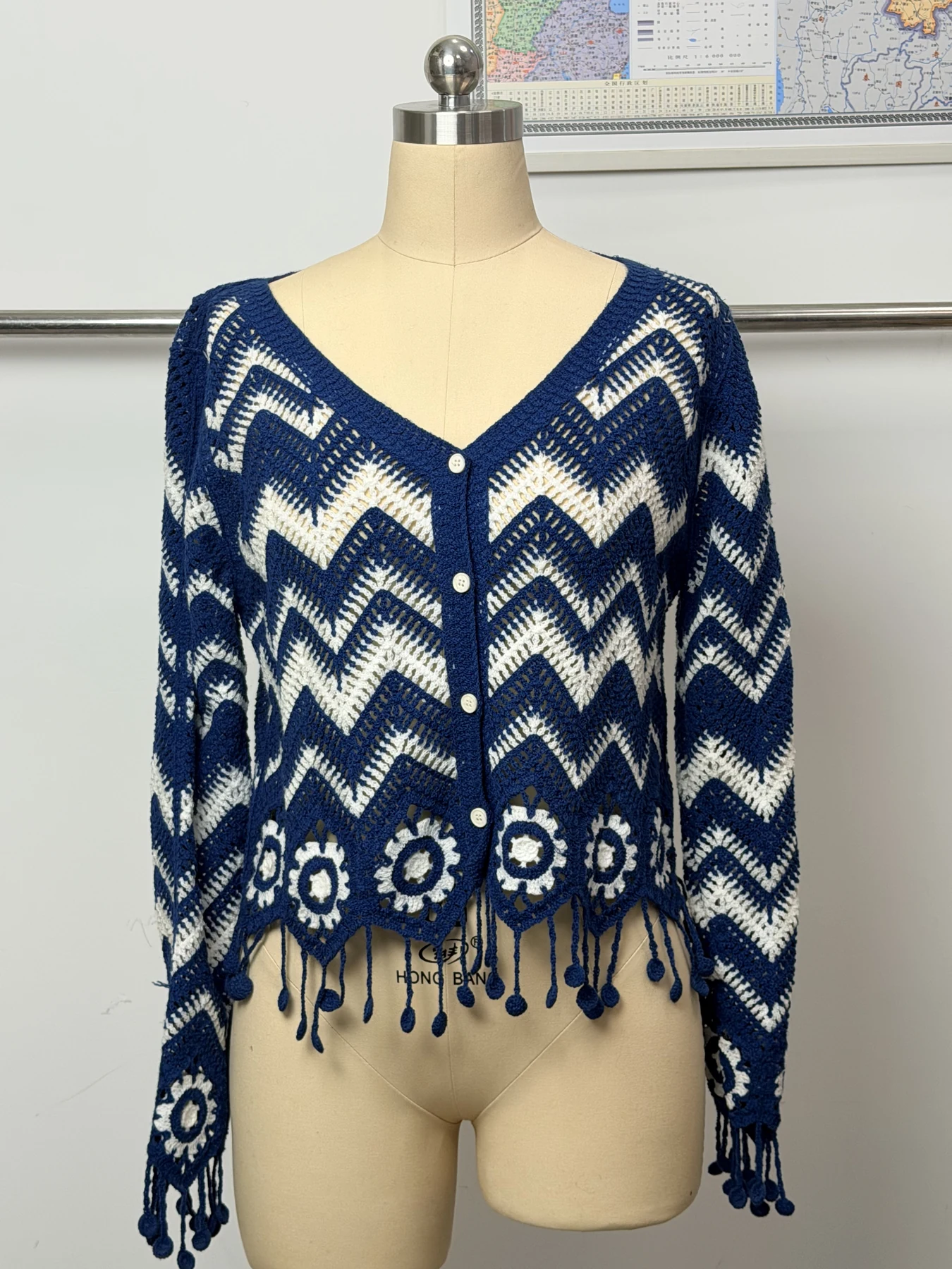 Wholesale Navy Chevron Fringe Crochet-Look Poncho Top for OEM and private label production