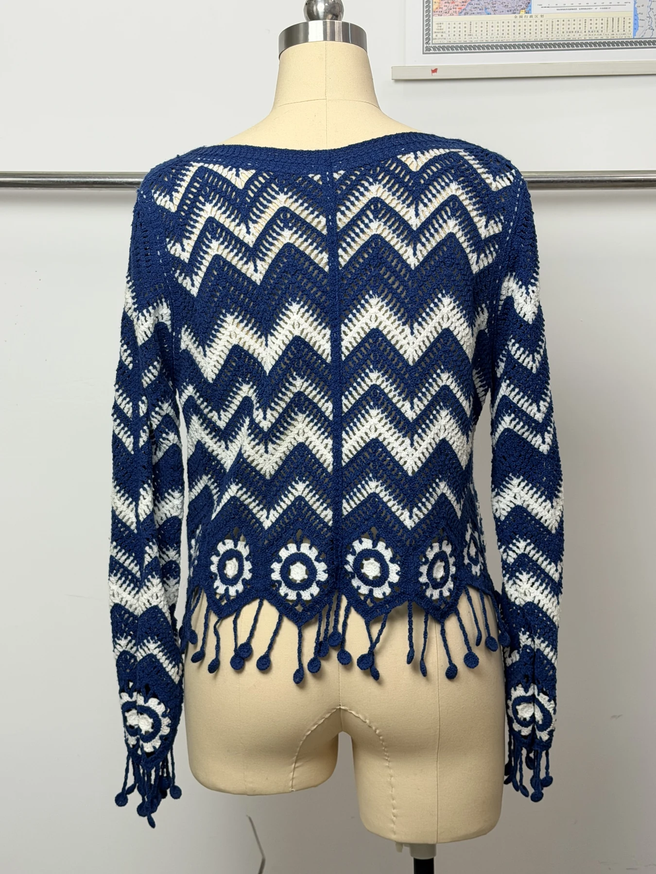 Wholesale Navy Chevron Fringe Crochet-Look Poncho Top alternate view