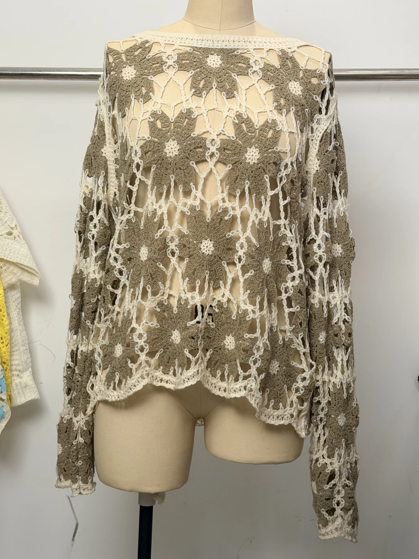 Wholesale Taupe Floral Crochet-Look Poncho Top for OEM and private label production