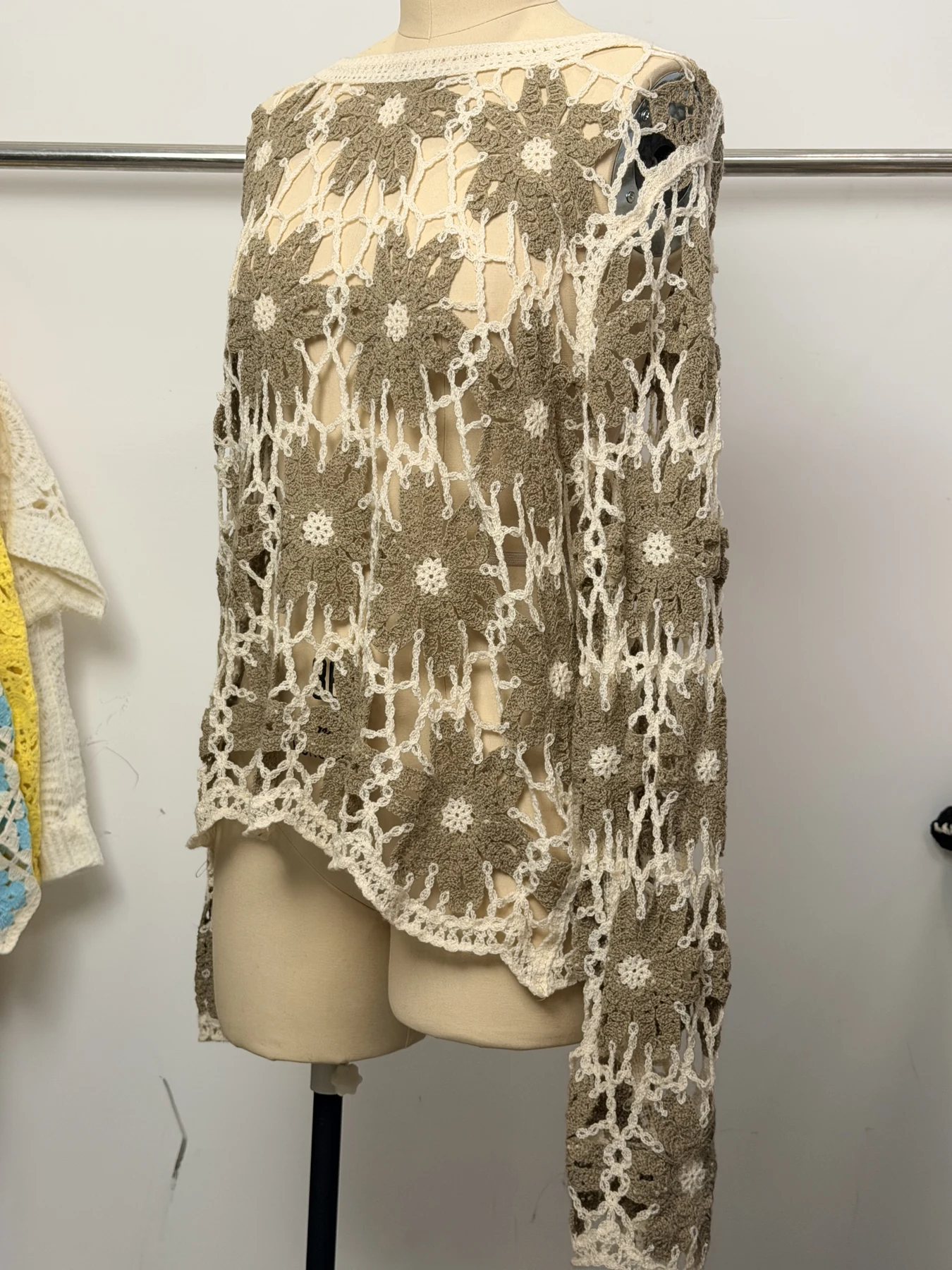 Wholesale Taupe Floral Crochet-Look Poncho Top alternate view