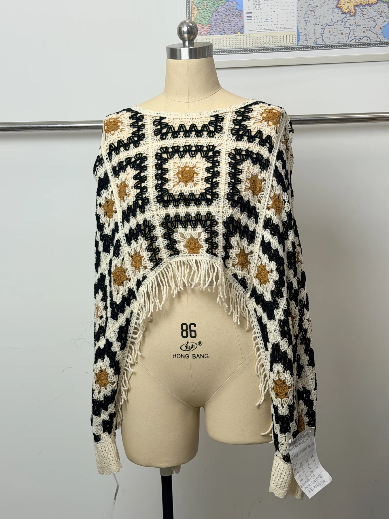 Wholesale Black Ivory Geometric Fringe Crochet-Look Poncho alternate view