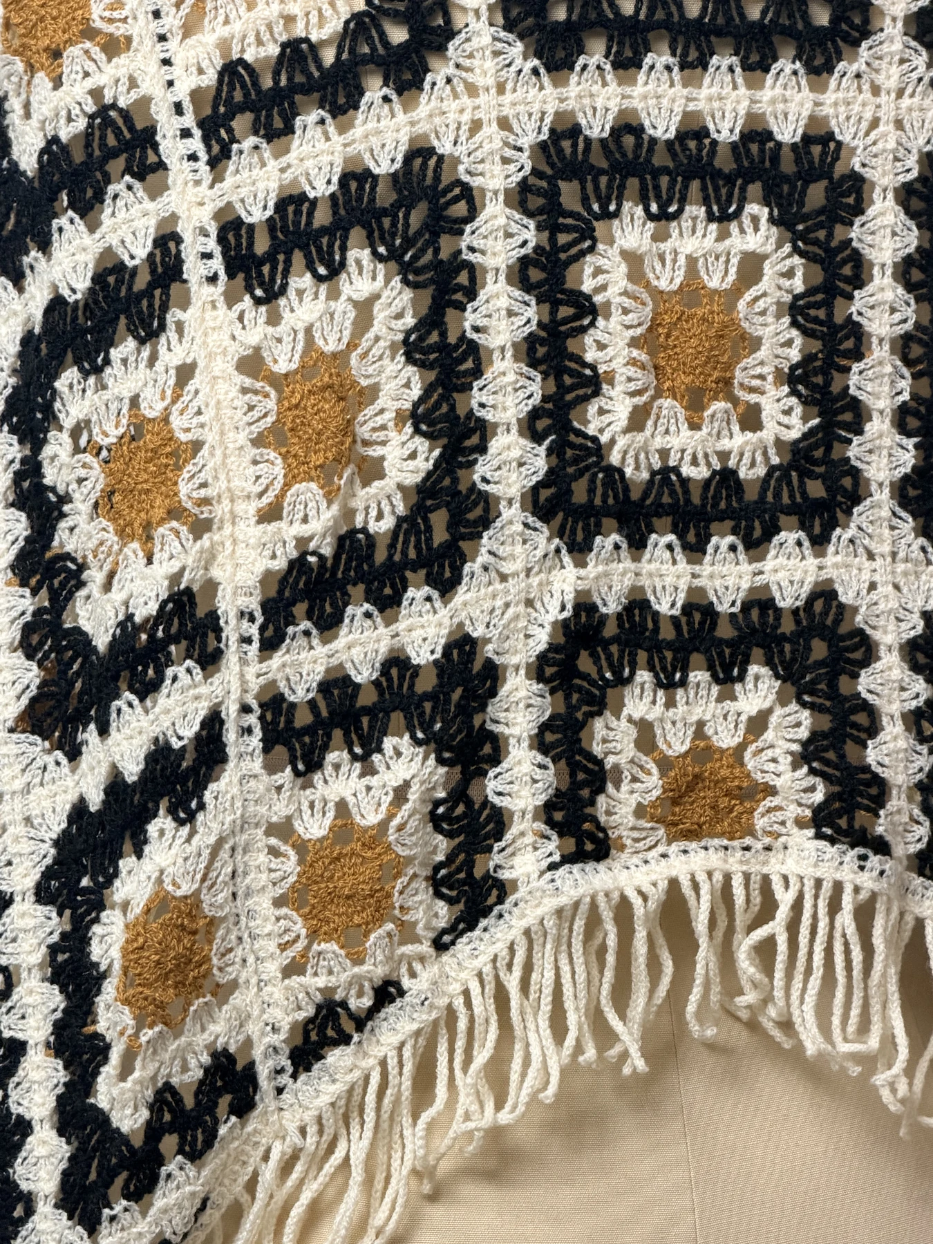 Wholesale Black Ivory Geometric Fringe Crochet-Look Poncho for OEM and private label production 6