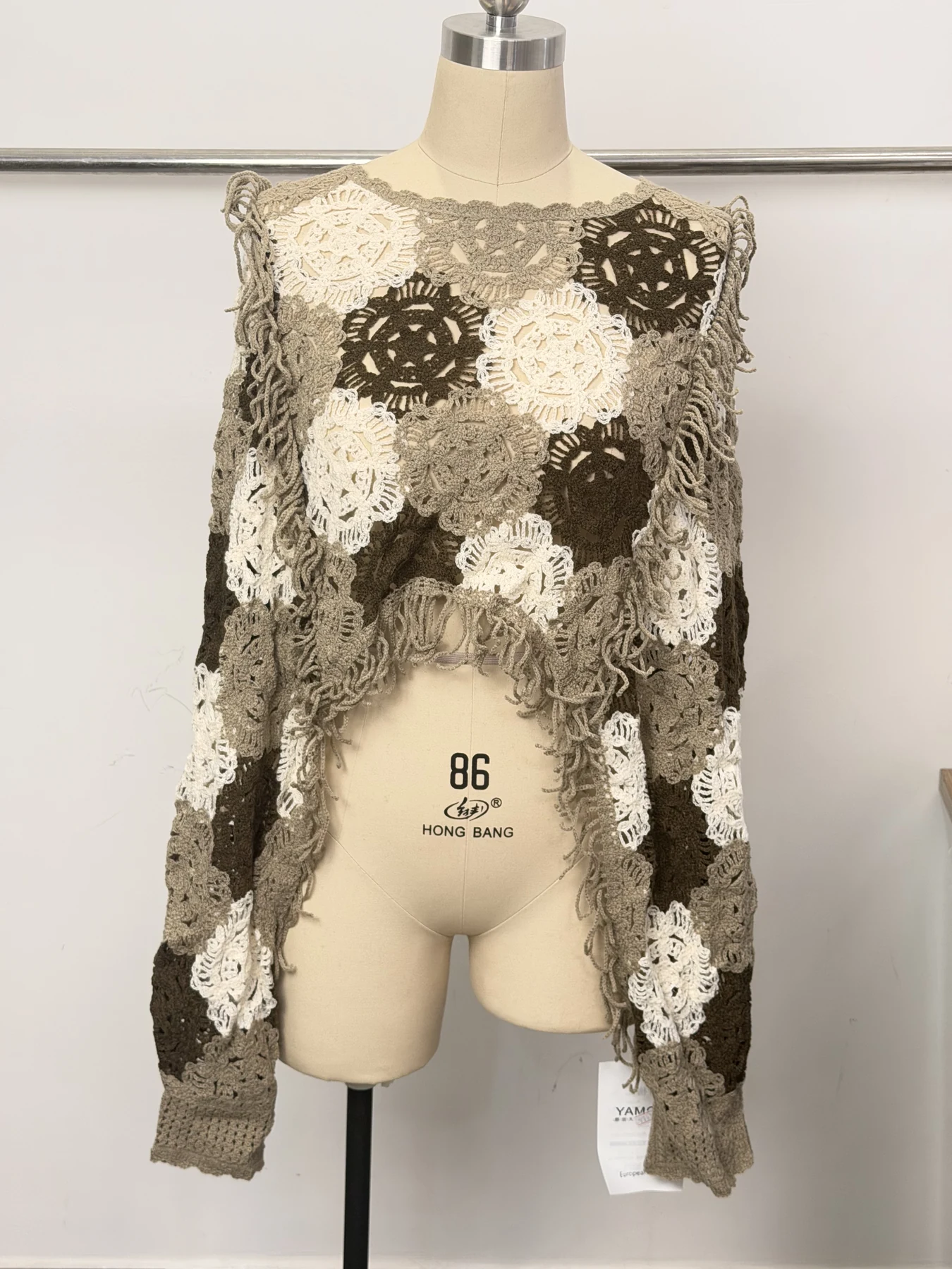 Wholesale Taupe Ivory Floral Crochet-Look Asymmetric Top for OEM and private label production