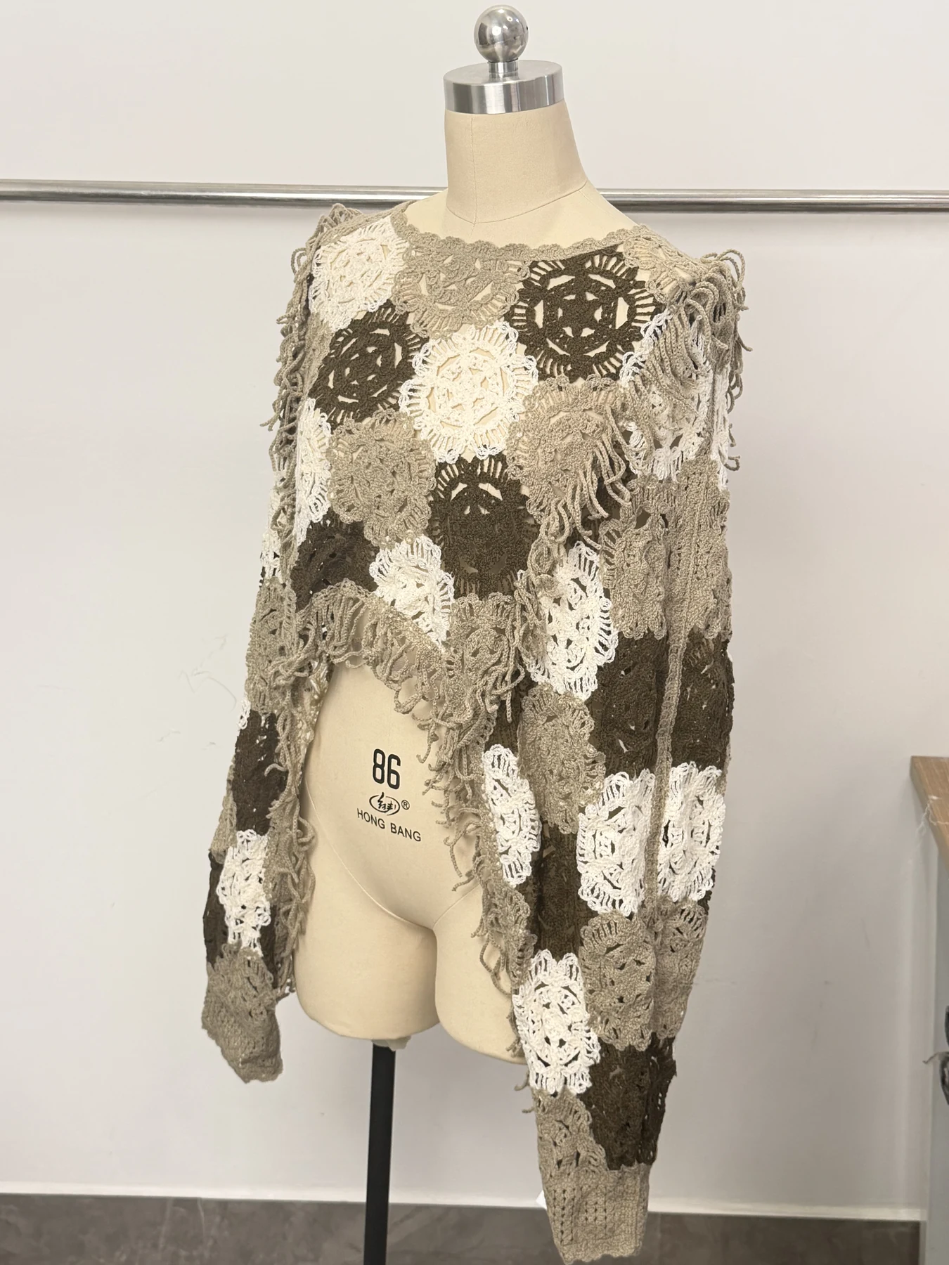 Wholesale Taupe Ivory Floral Crochet-Look Asymmetric Top for OEM and private label production 3
