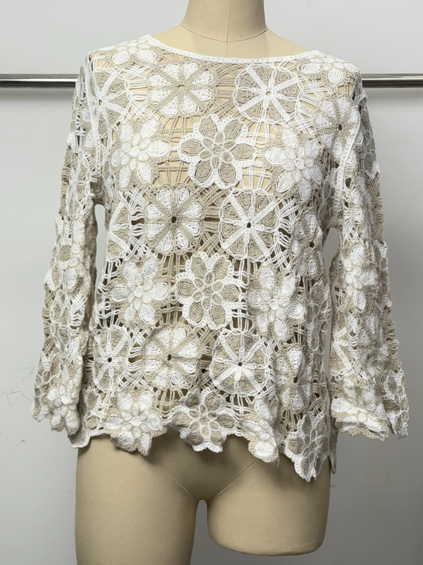 Wholesale Ivory Floral Crochet-Look Bell Sleeve Top for OEM and private label production