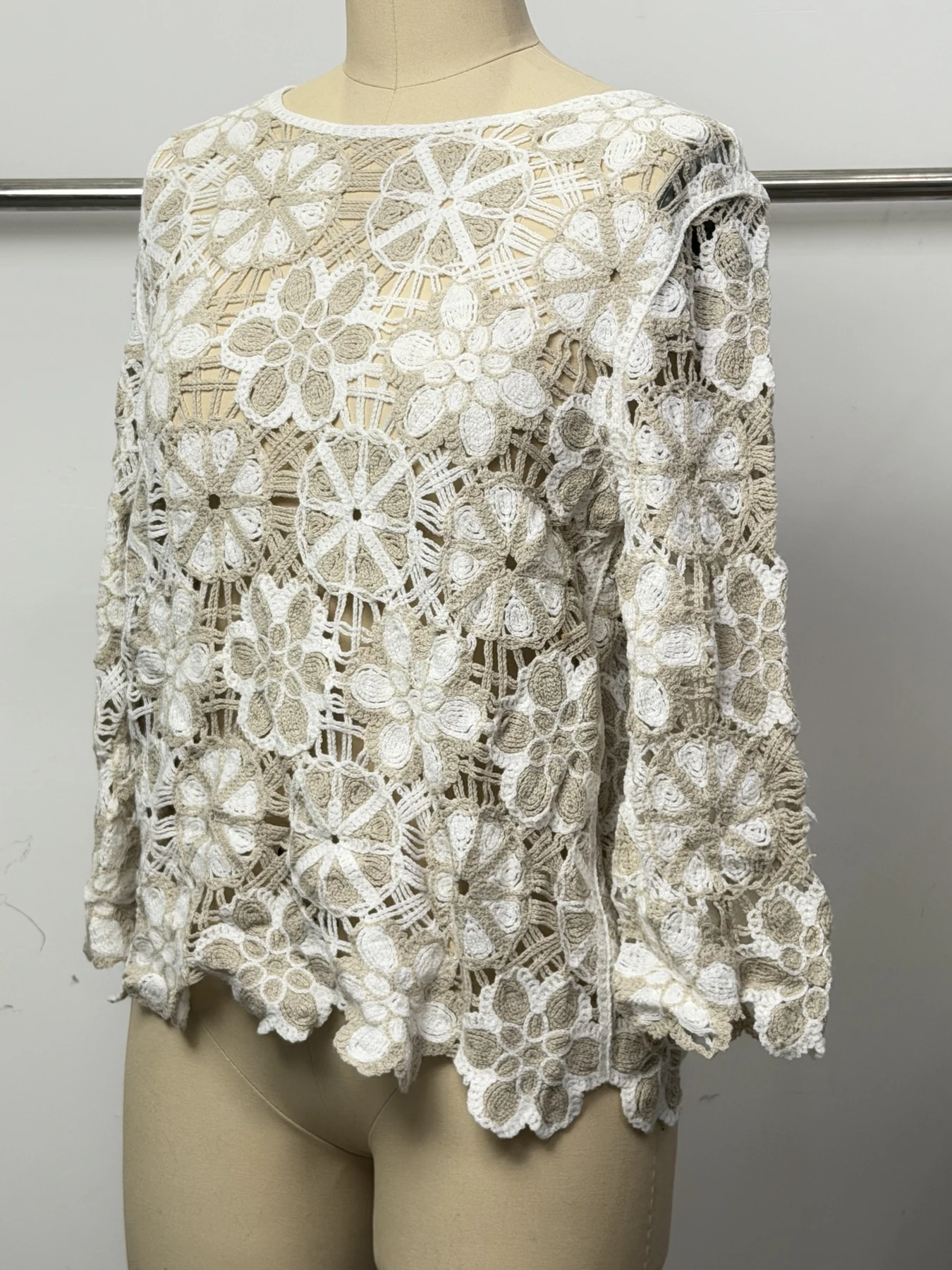 Wholesale Ivory Floral Crochet-Look Bell Sleeve Top alternate view