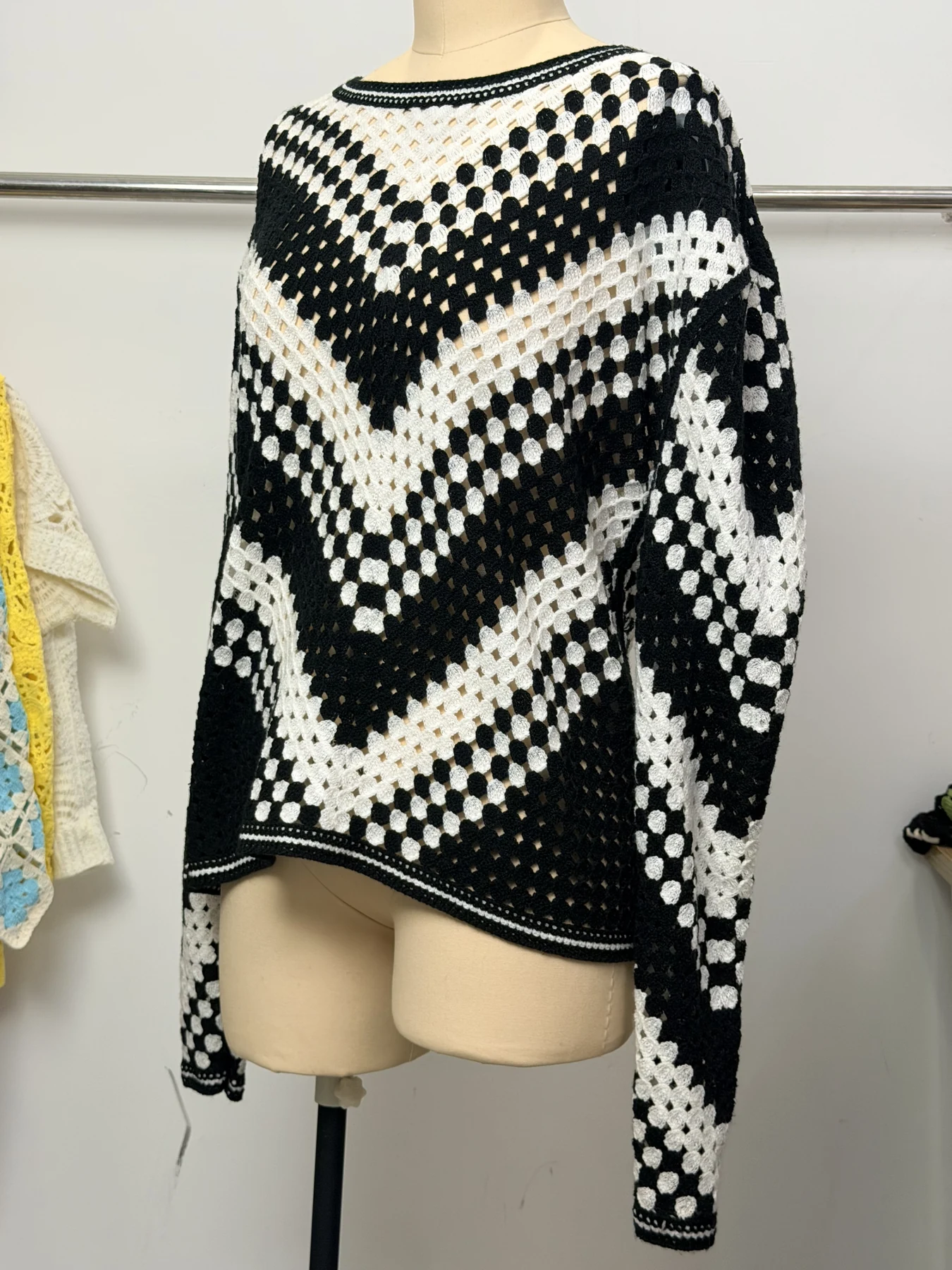 Wholesale Black Ivory Chevron Crochet-Look Poncho Sweater alternate view