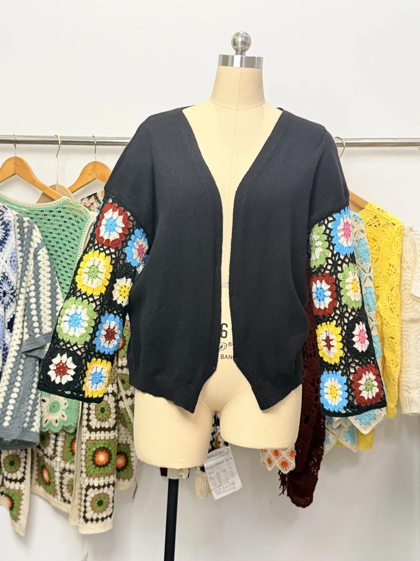 Wholesale Charcoal Granny Square Sleeve Knit Cardigan alternate view