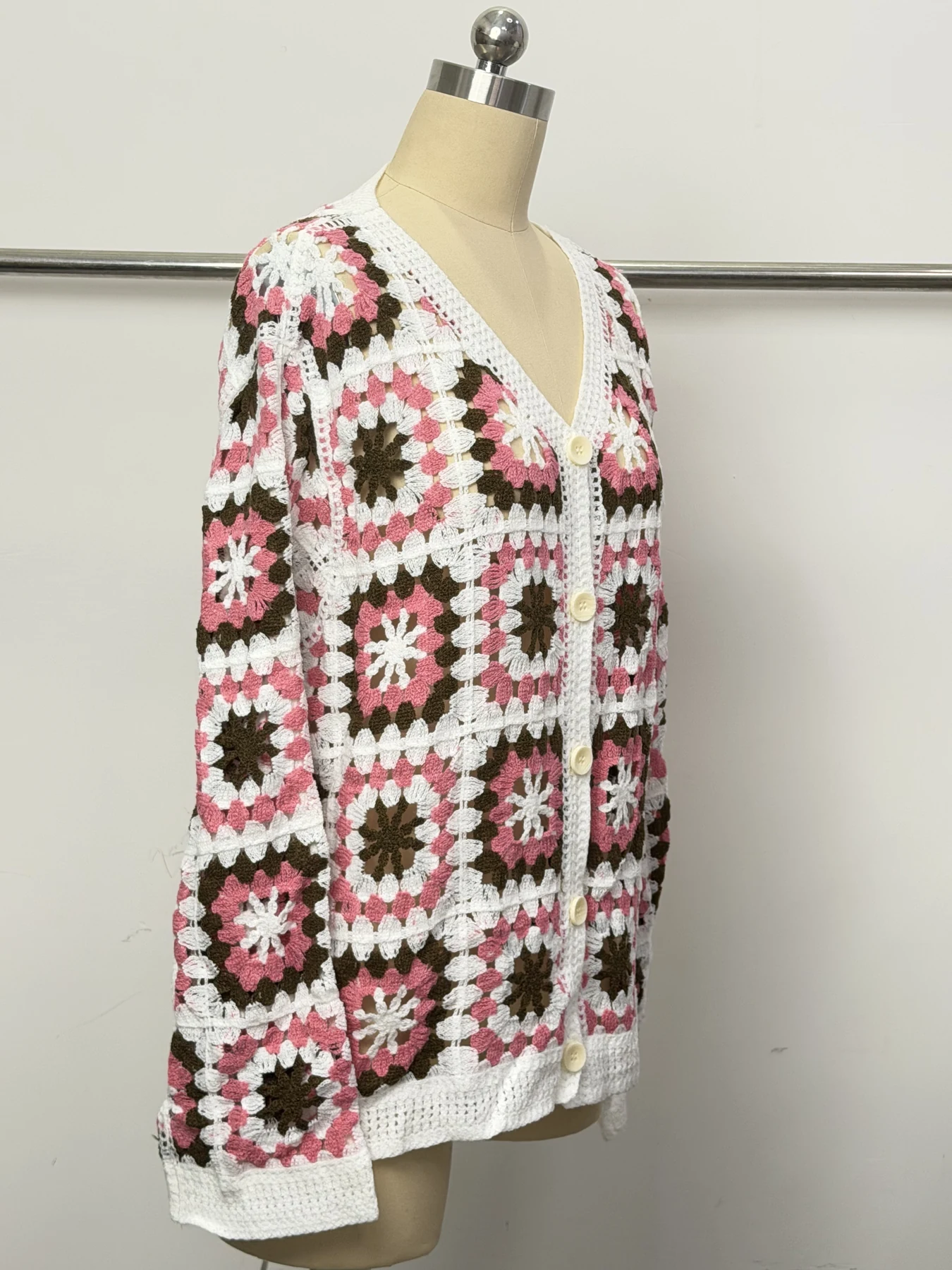Wholesale Pink Green Granny Square Crochet-Look Cardigan alternate view