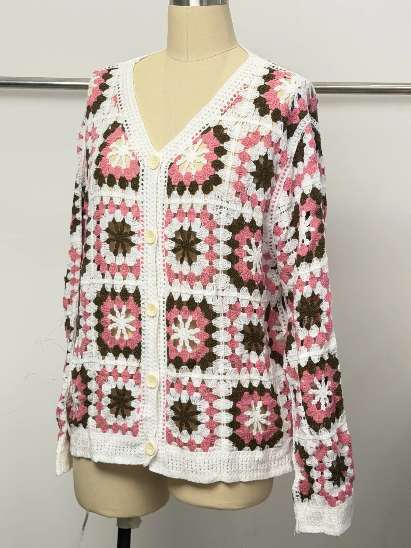Wholesale Pink Green Granny Square Crochet-Look Cardigan for OEM and private label production 3