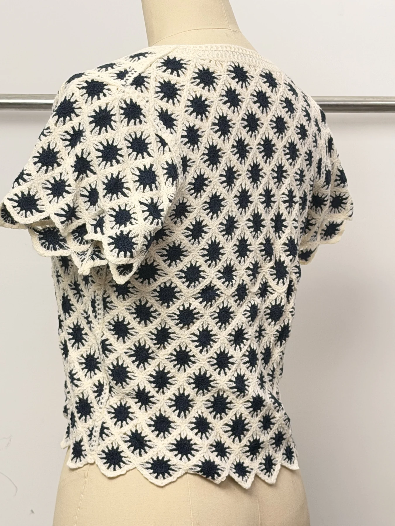 Wholesale Black Ivory Diamond Crochet-Look Short Sleeve Top for OEM and private label production 5