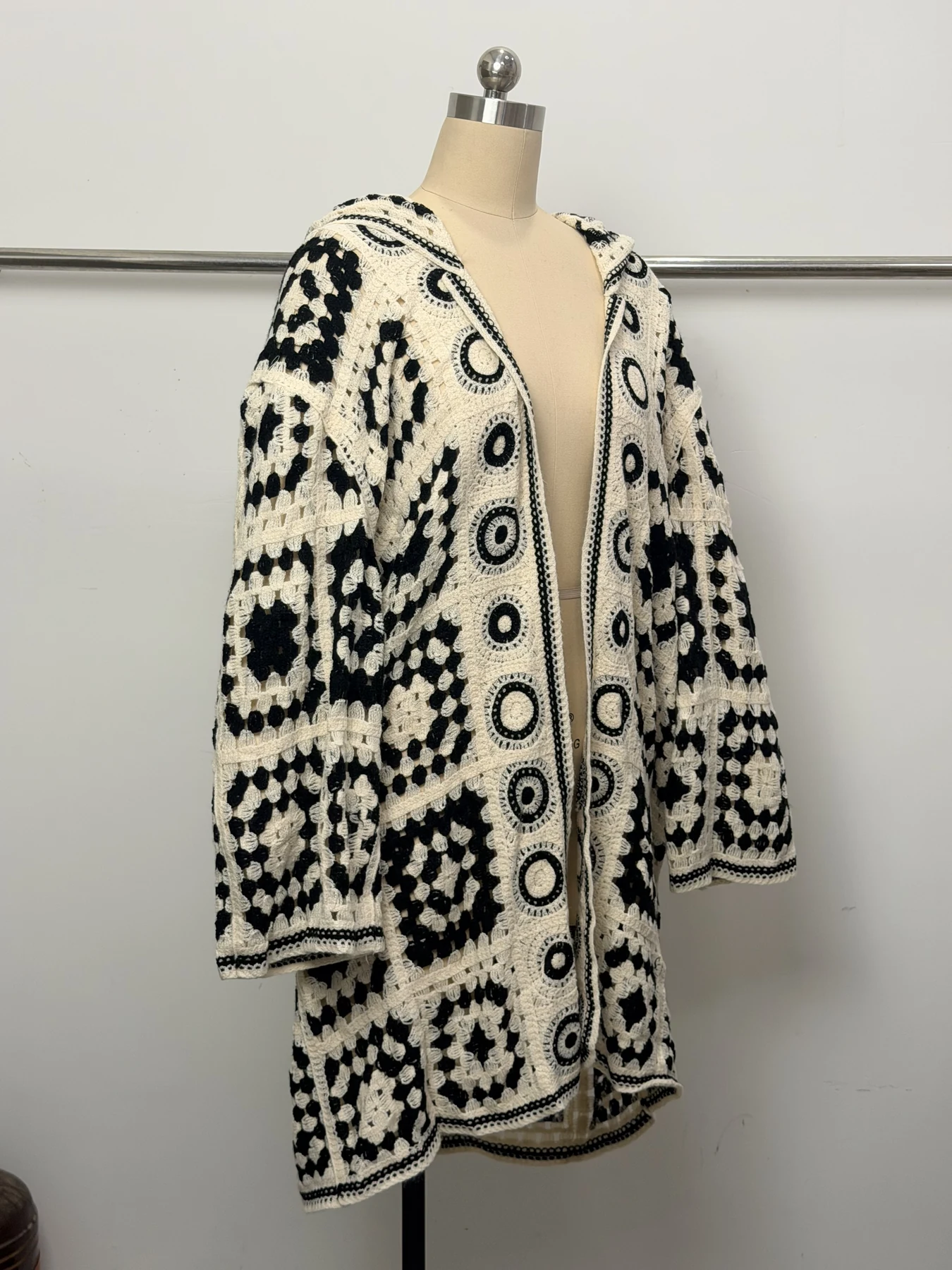 Wholesale Black Ivory Abstract Crochet-Look Cardigan for OEM and private label production 4