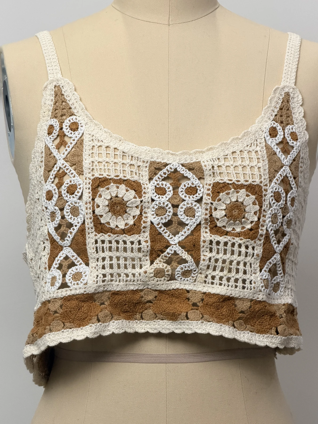 Wholesale Brown Ivory Square Motif Crochet-Look Crop Top for OEM and private label production