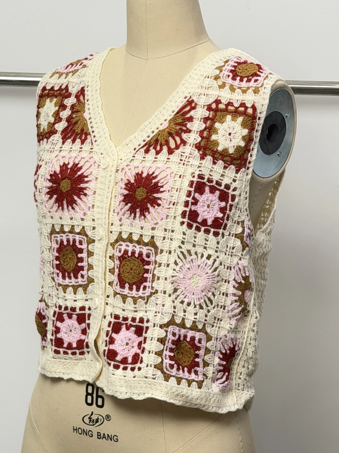 Wholesale Burgundy Pink Granny Square Crochet-Look Vest alternate view