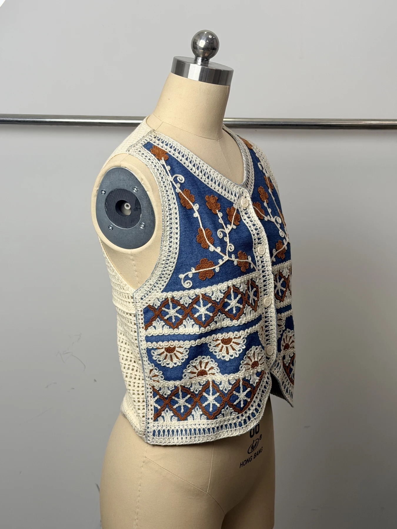 Wholesale Blue Rust Floral Crochet-Look Button Vest alternate view