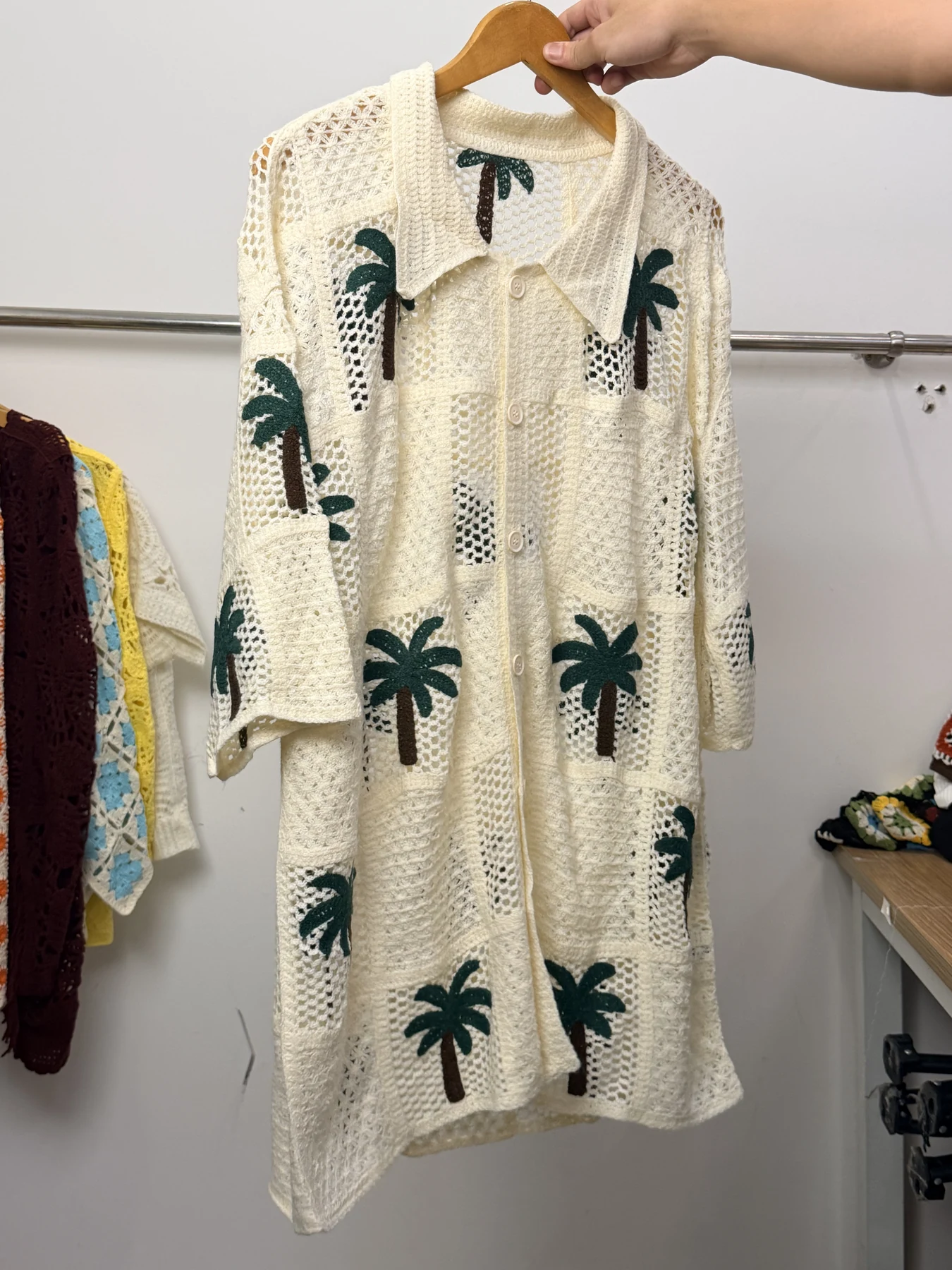 Wholesale Ivory Palm Tree Crochet-Look Shirt Dress for OEM and private label production 3