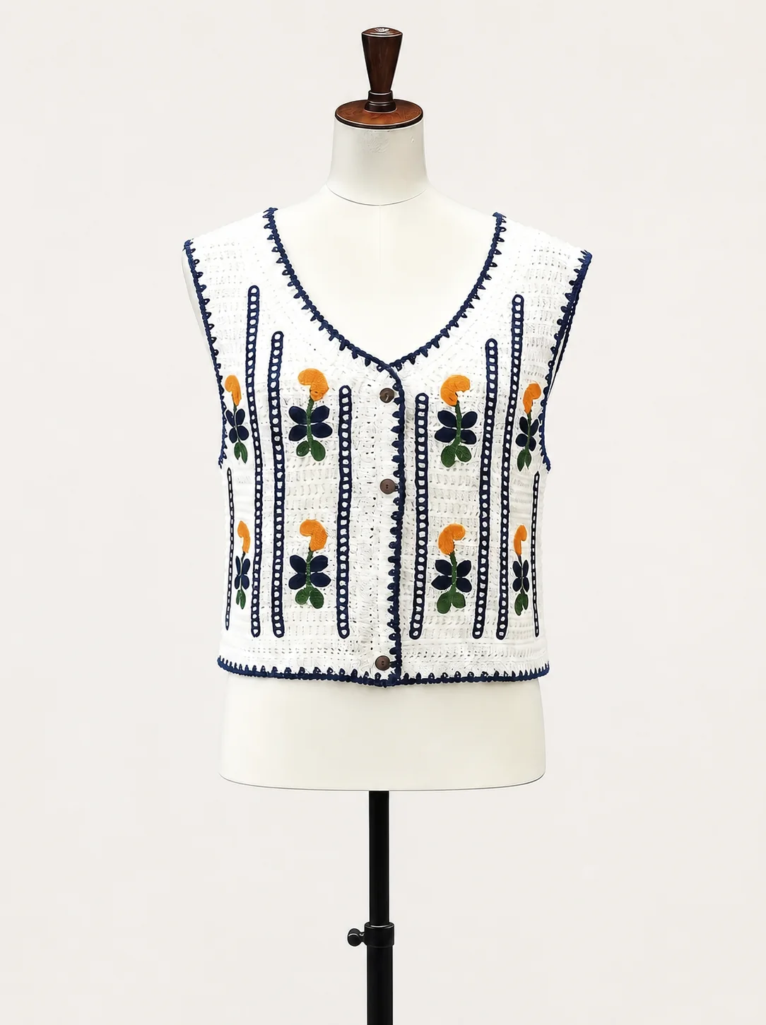 Wholesale ivory floral stripe crochet-look vest for OEM and private label production