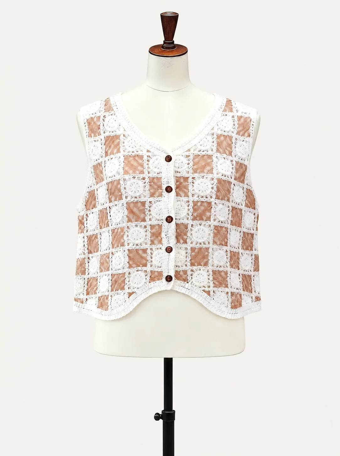 Wholesale blush check crochet-look button vest for OEM and private label production