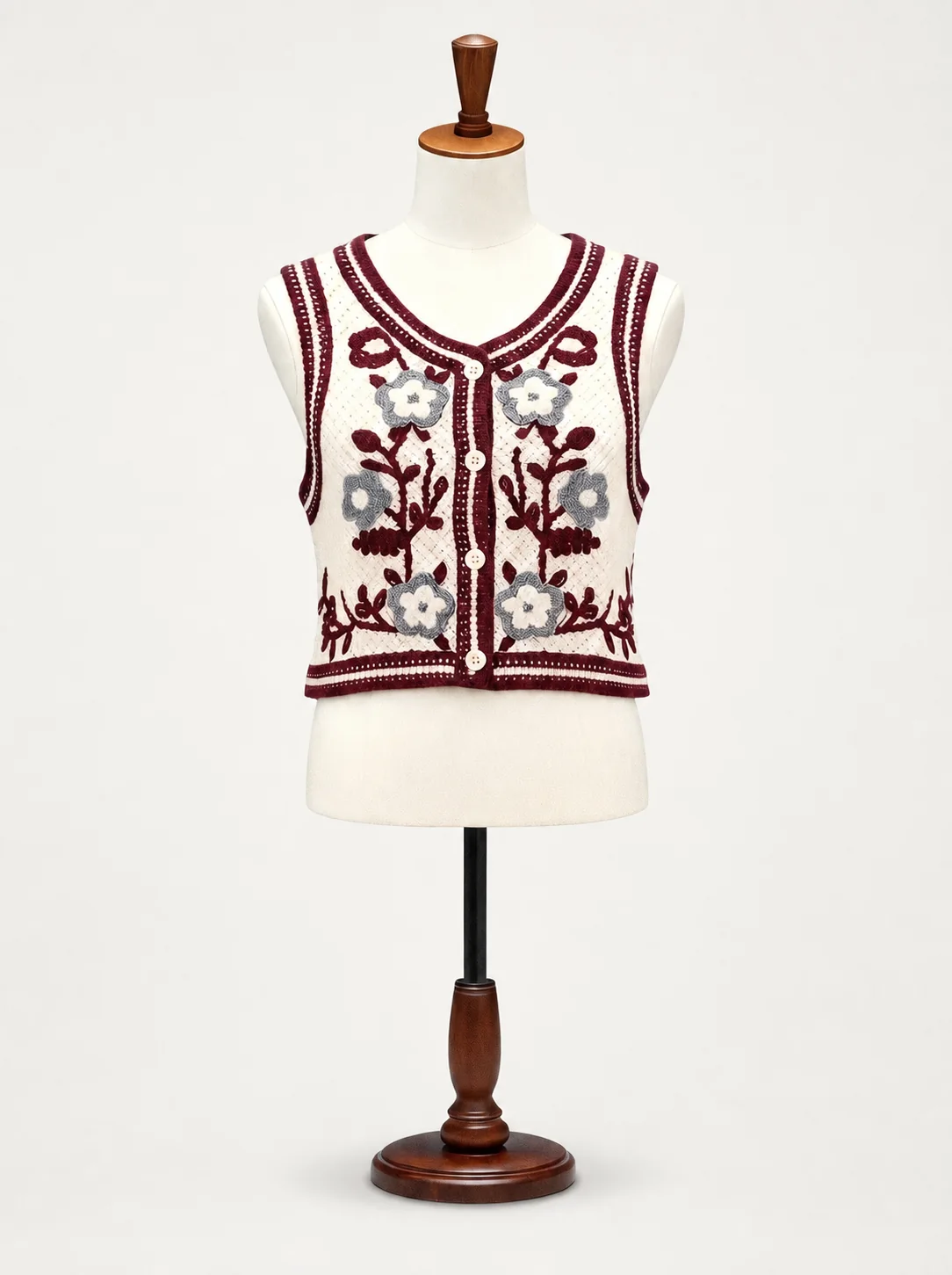 Wholesale burgundy floral crochet-look button vest for OEM and private label production