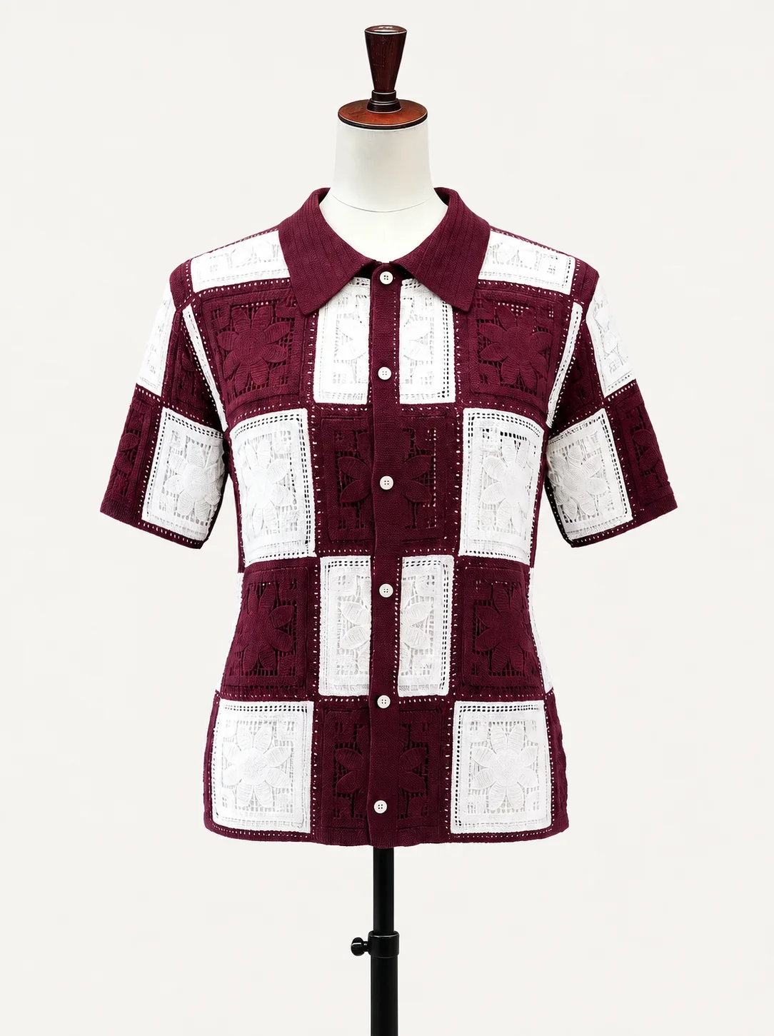 Wholesale burgundy patchwork crochet-look shirt for OEM and private label production