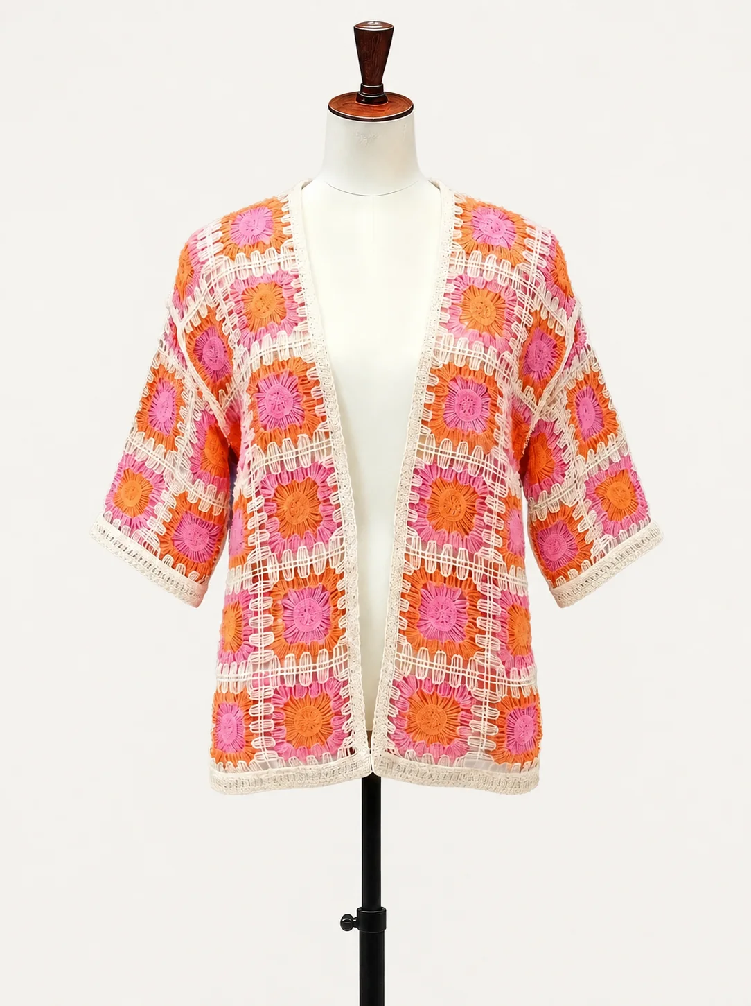 Wholesale orange pink patchwork crochet-look cardigan for OEM and private label production