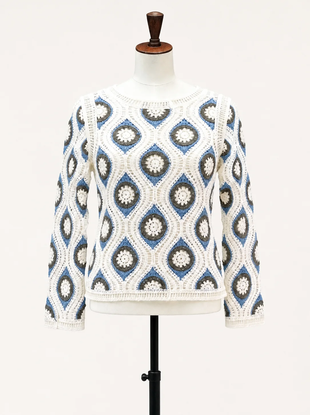 Wholesale blue geometric crochet-look sweater for OEM and private label production