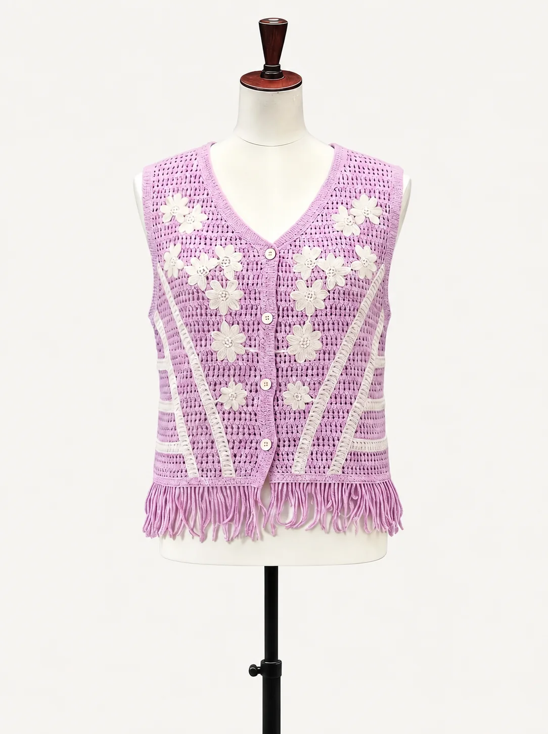 Wholesale lilac floral fringe crochet-look vest for OEM and private label production