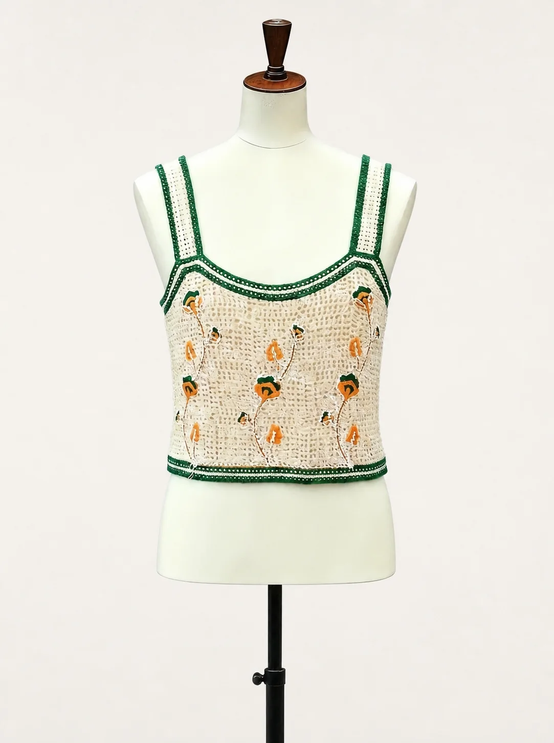 Wholesale ivory green floral crochet-look camisole for OEM and private label production