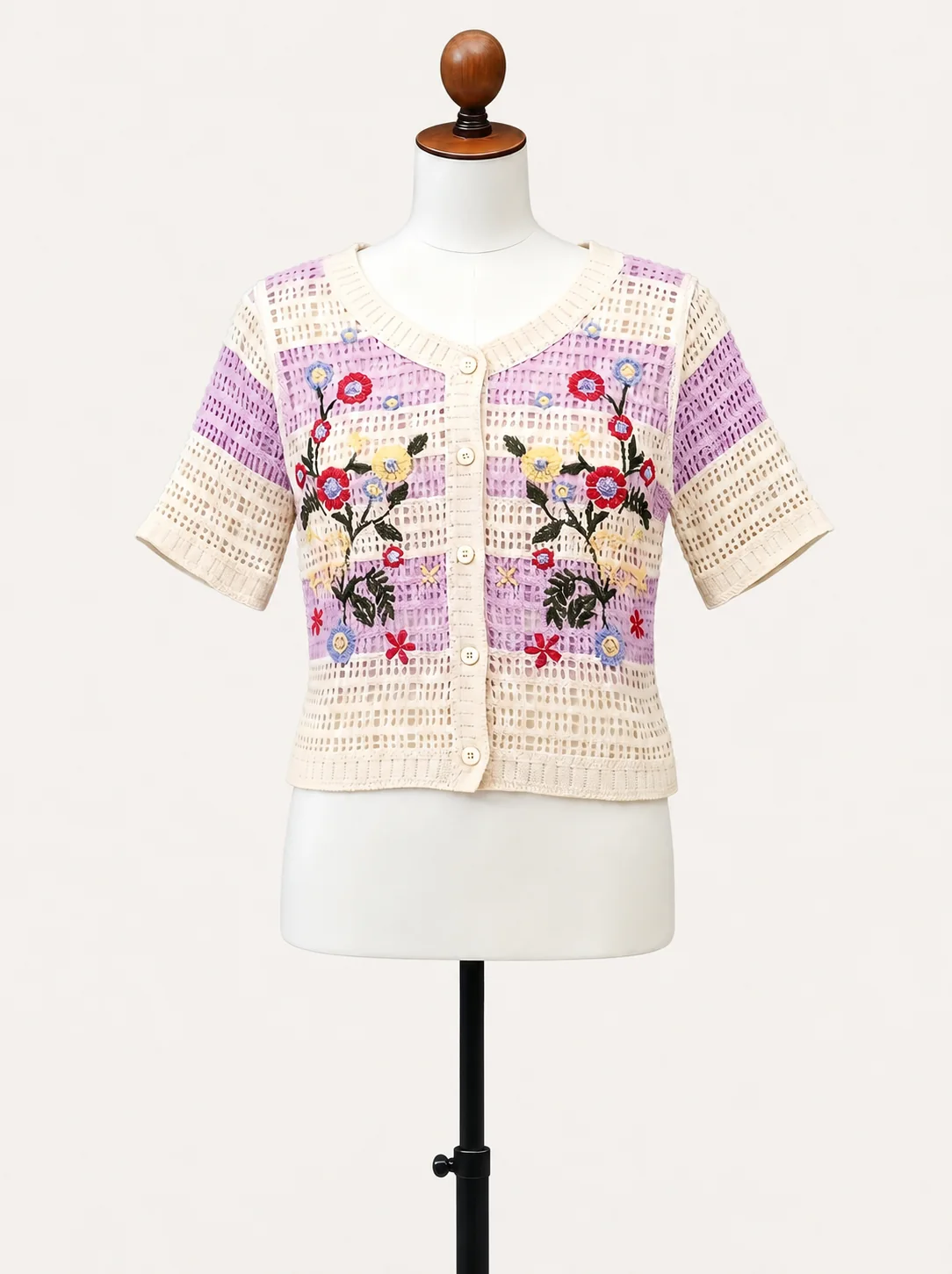 Wholesale pink floral crochet-look short sleeve cardigan for OEM and private label production