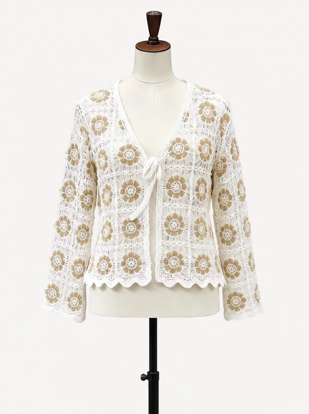 Wholesale ivory neutral floral crochet-look cardigan for OEM and private label production