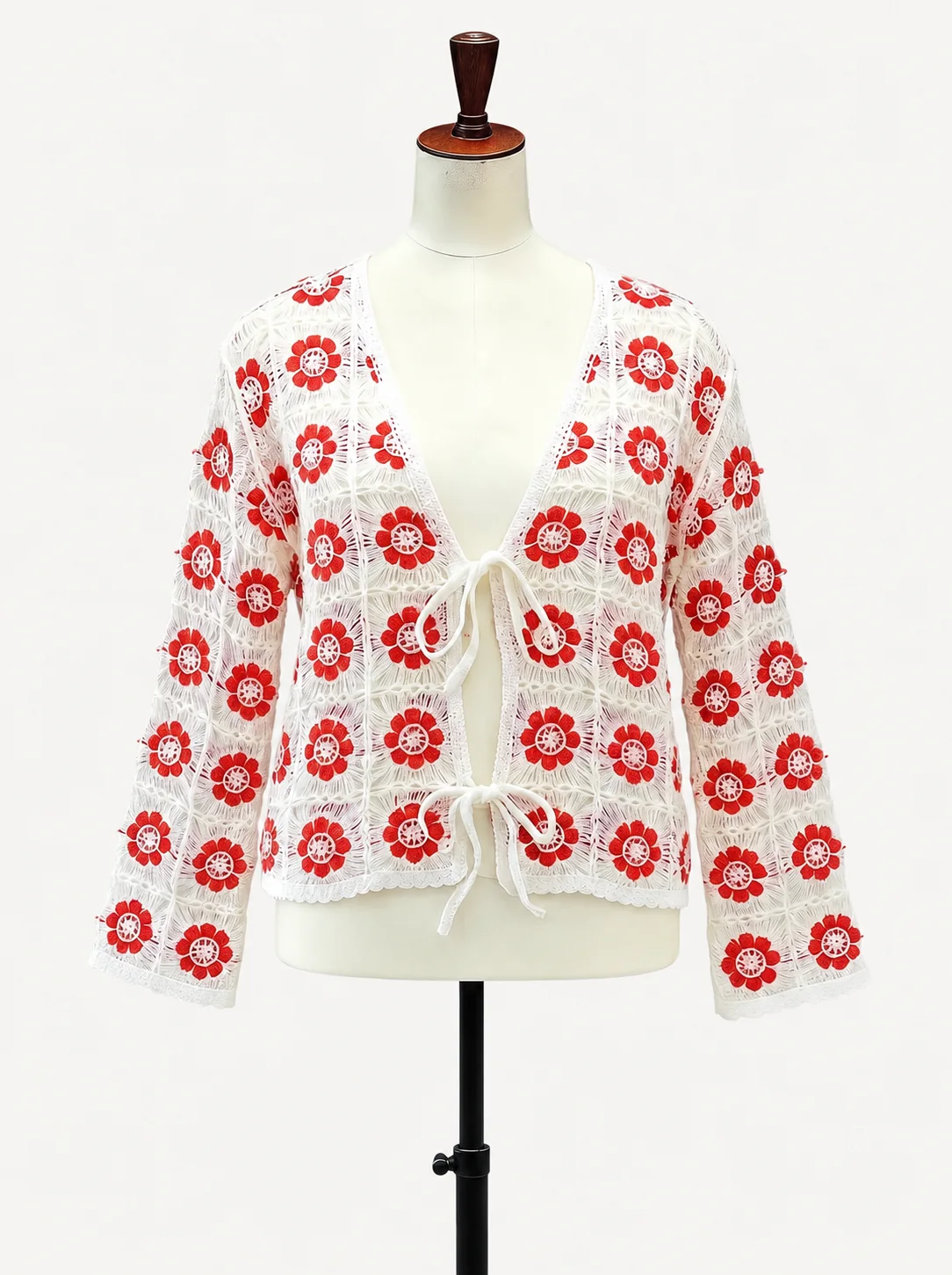 Wholesale red floral crochet-look cardigan for OEM and private label production