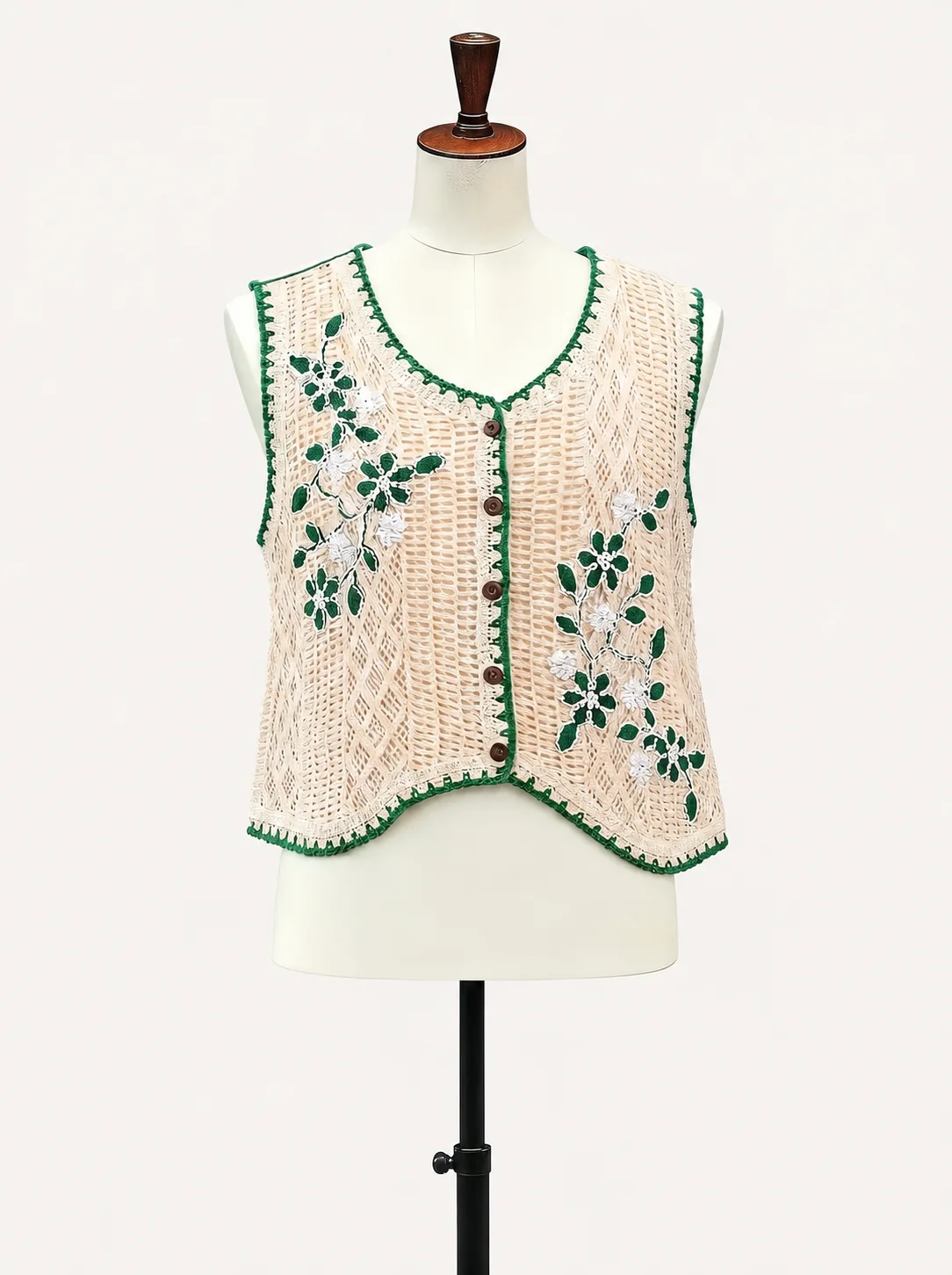 Wholesale ivory green botanical crochet-look vest for OEM and private label production