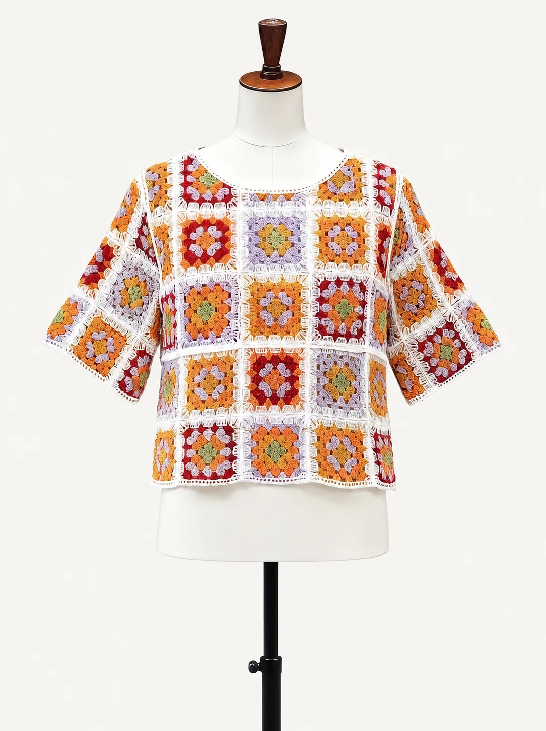 Wholesale rust multicolor patchwork crochet-look top for OEM and private label production