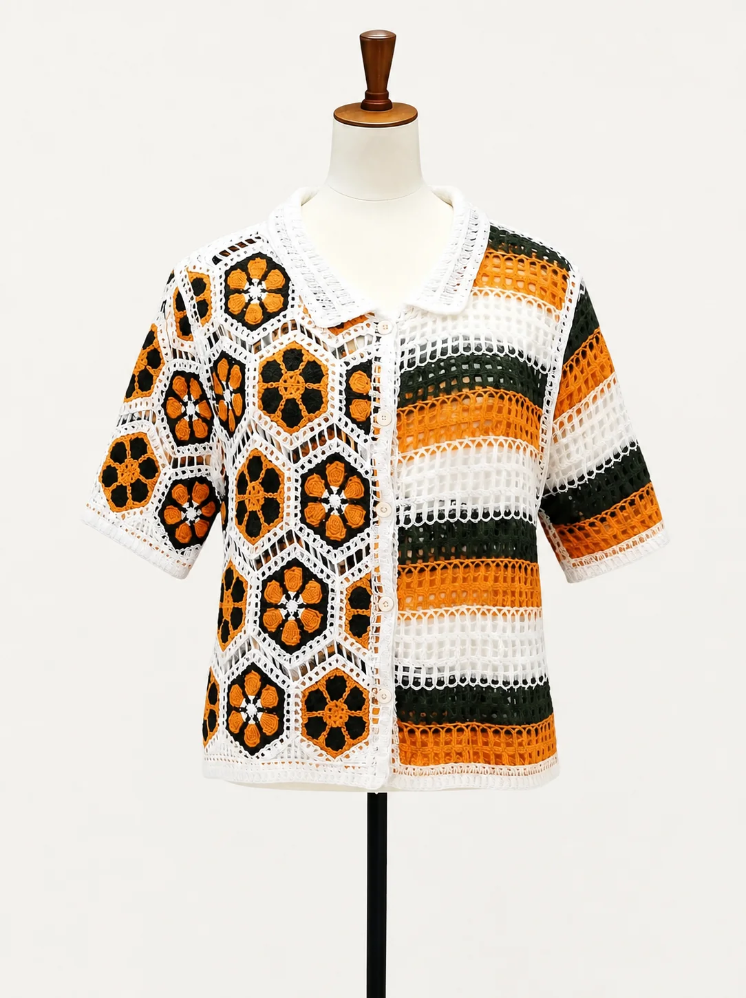 Wholesale orange geometric crochet-look polo top for OEM and private label production
